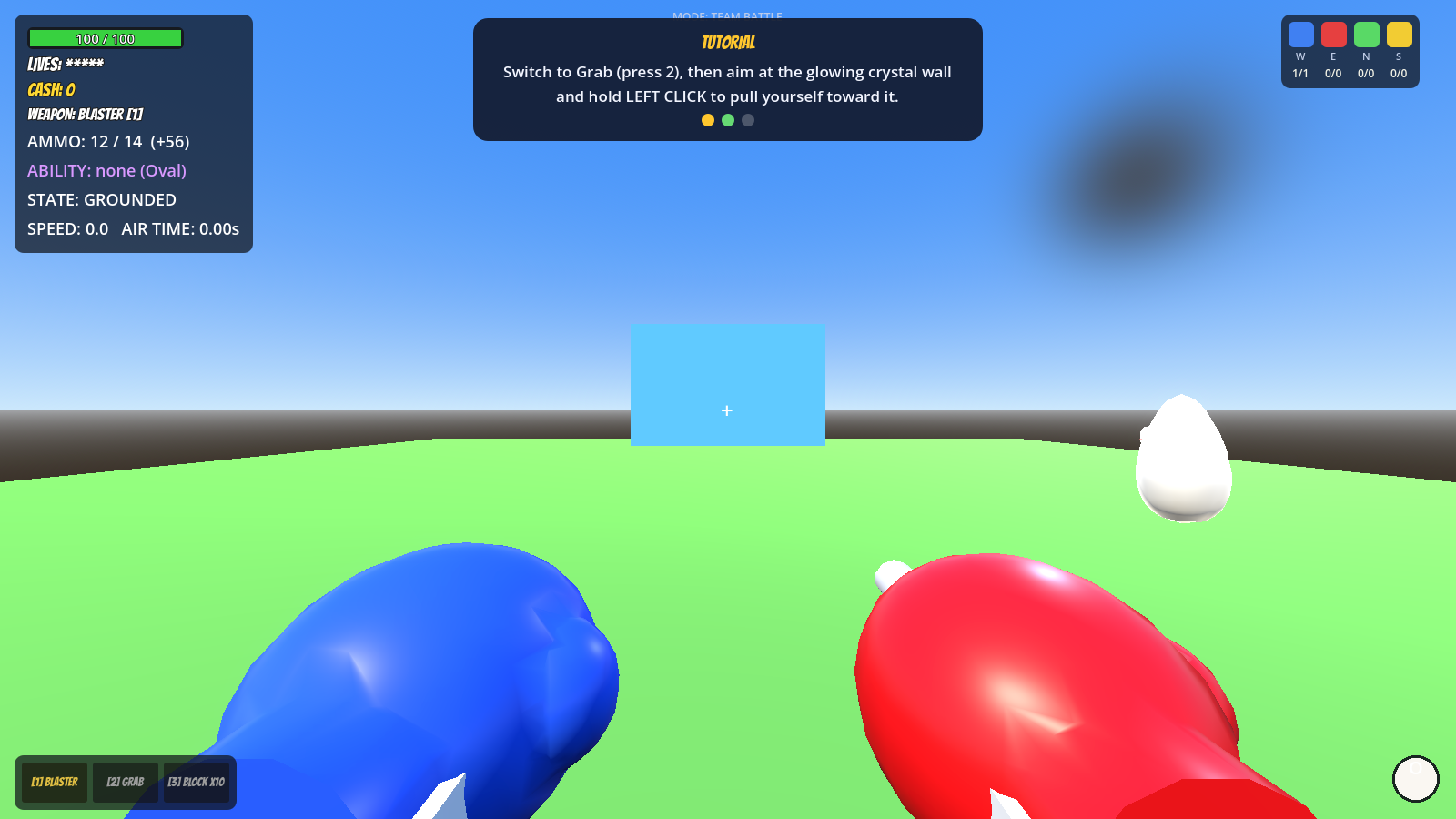 First-person gameplay in Project Oval, showing the HUD, hotbar, and a training arena